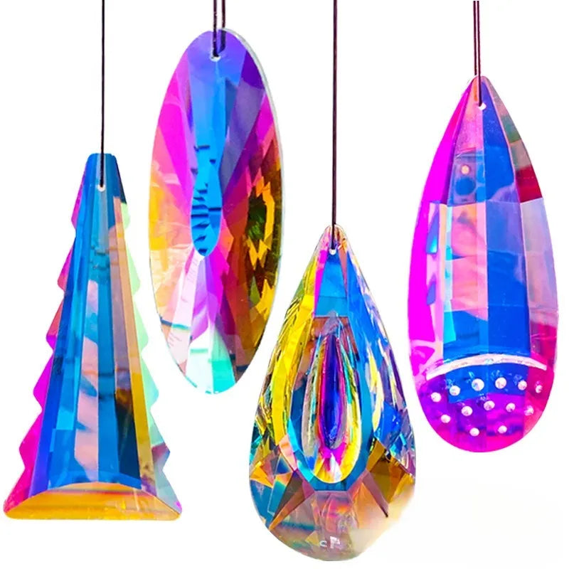 Rainbow electroplated crystal pendant garden decorations in Christmas tree and other shapes.