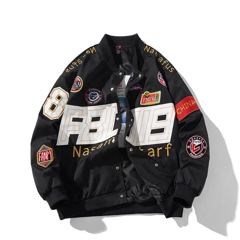 Black American Motorcycle Baseball Uniform jacket with removable hood, shown on a model.