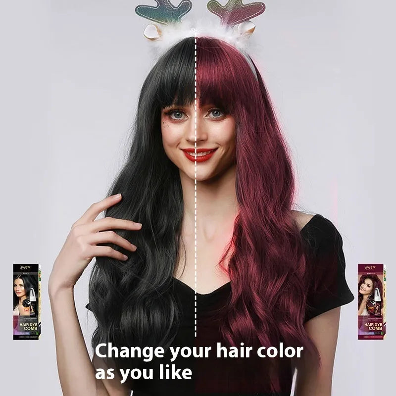 Hair dye kit with comb applicator in Brown, Dark Brown, and Wine Red 200ML bottles.