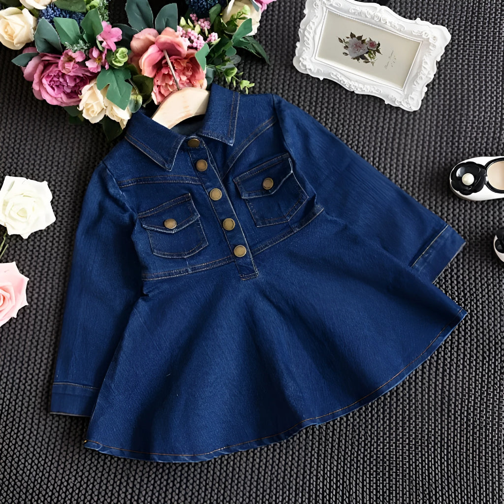 Girls navy denim dress with long sleeves and irregular skirt, cotton-rich fabric, sizes 100-140cm.
