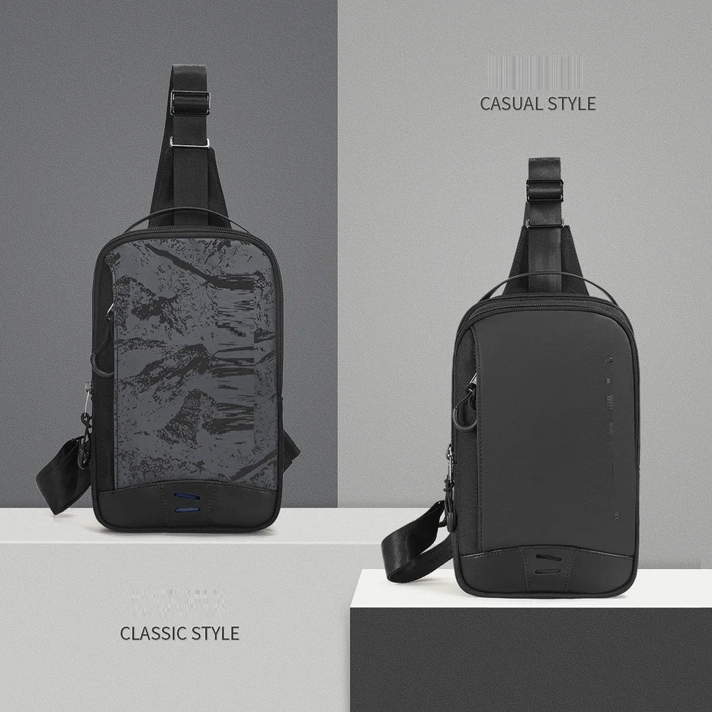 Casual black camouflage chest pack with a soft handle and single strap, showing internal phone pocket.