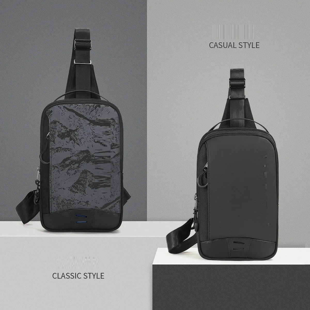 Casual black camouflage chest pack with a soft handle and single strap, showing internal phone pocket.