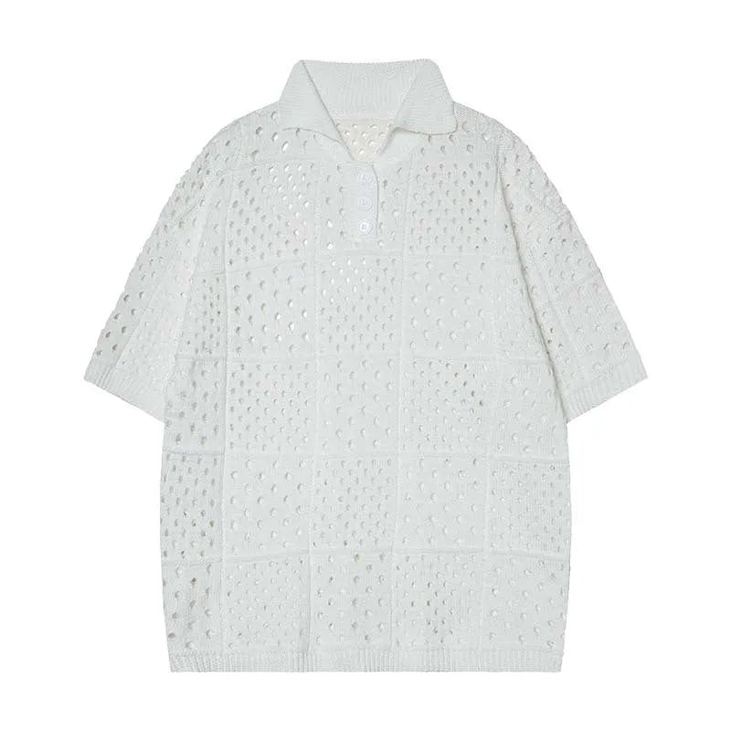 Black and white loose-fit short-sleeved knitting polo shirt with a hollow design for teenagers
