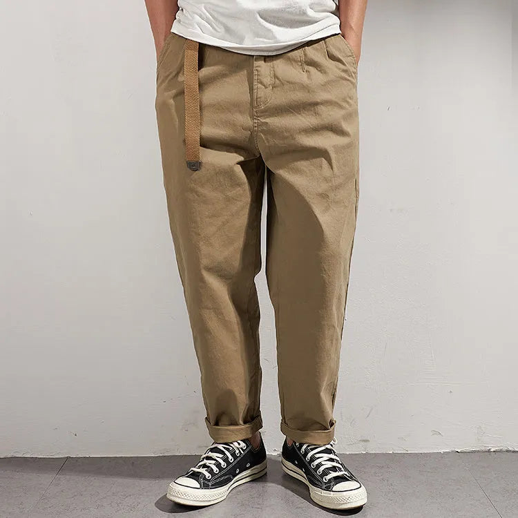 Men's Japanese retro loose tapered casual trousers in dark blue, wool blend fabric