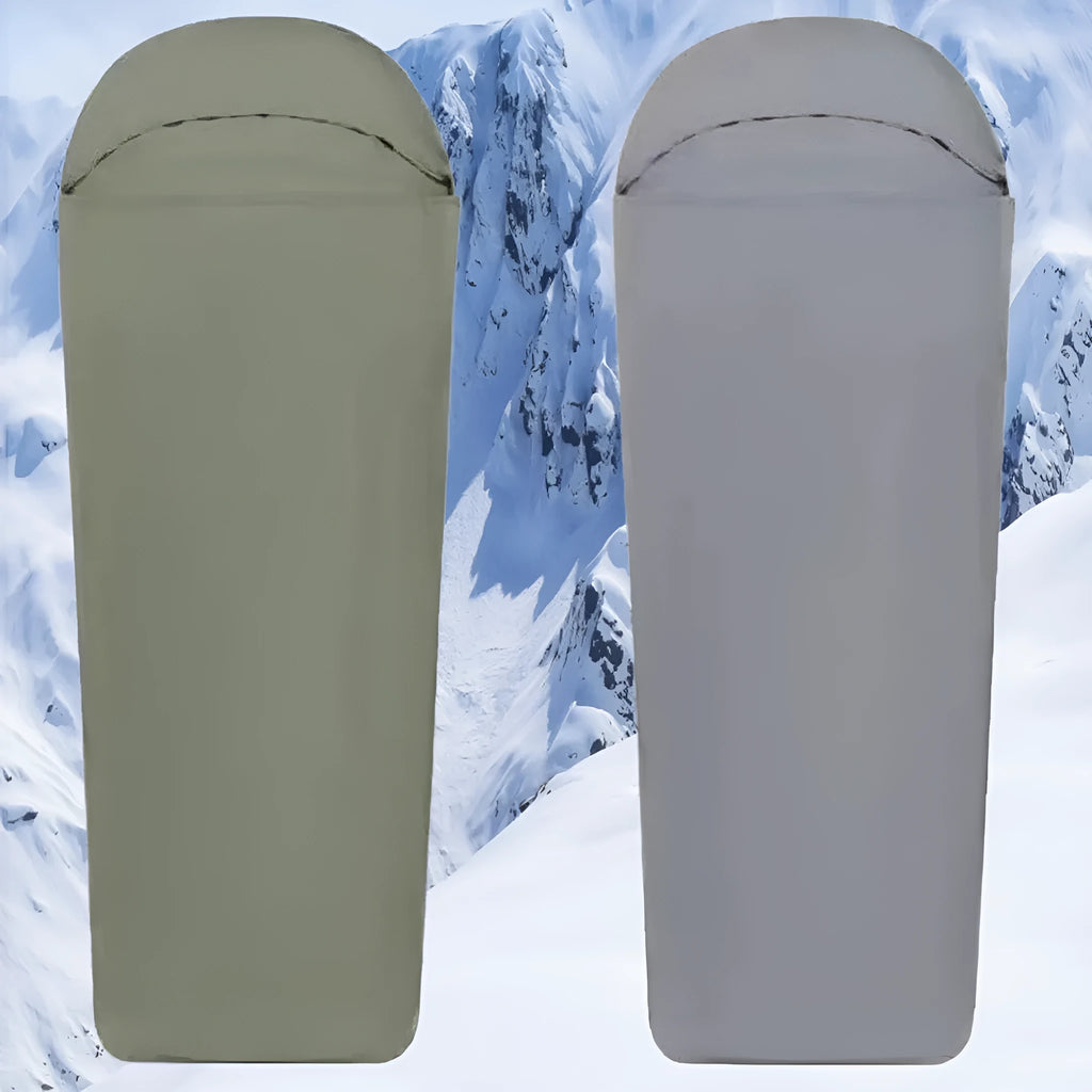 Blue mummy-style nylon camping sleeping bag with tapered design, shown rolled and unrolled.