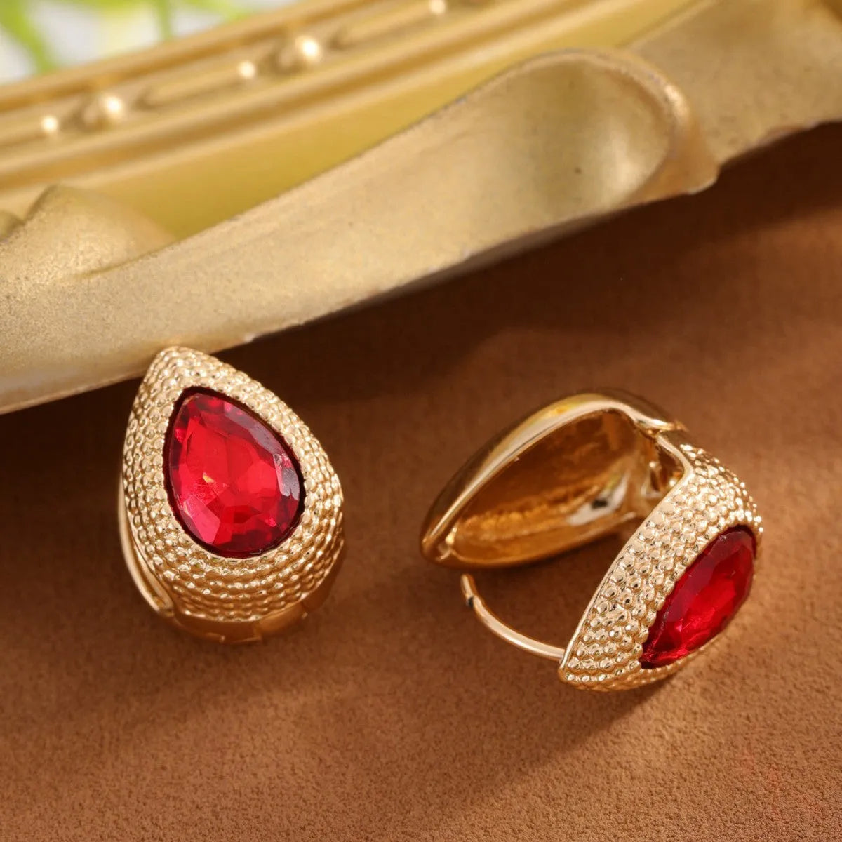 Zircon water drop earrings with durian texture, available in green or red, fashion dangle jewellery for women