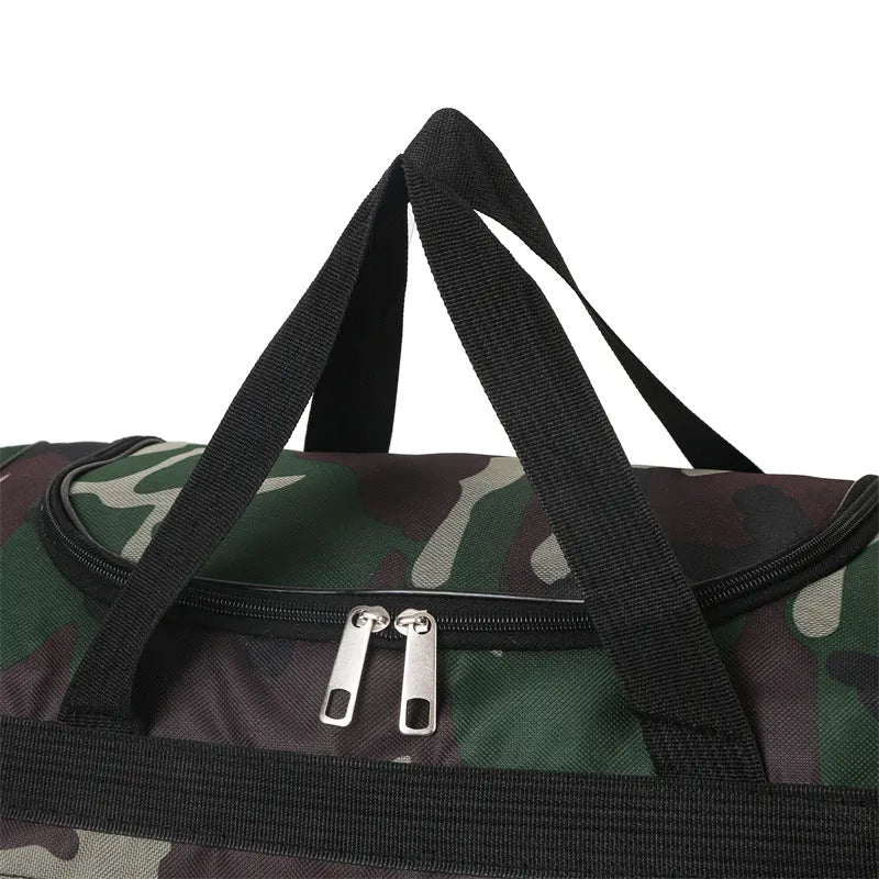 Camouflage coloured waterproof luggage bag with large capacity for travel.