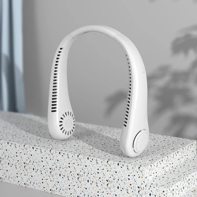 Blue USB rechargeable bladeless neck fan with a flexible neckband.