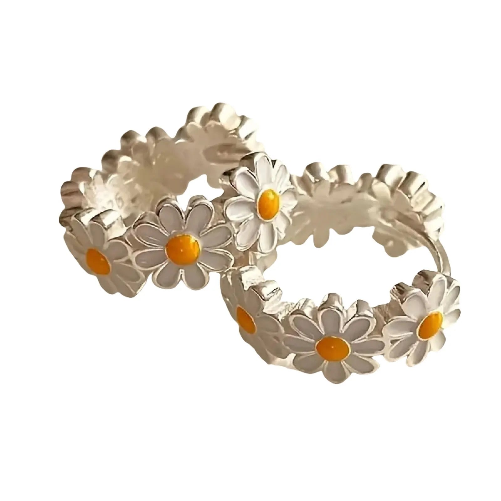 White daisy flower ring electroplated copper earrings with platinum-style gem setting