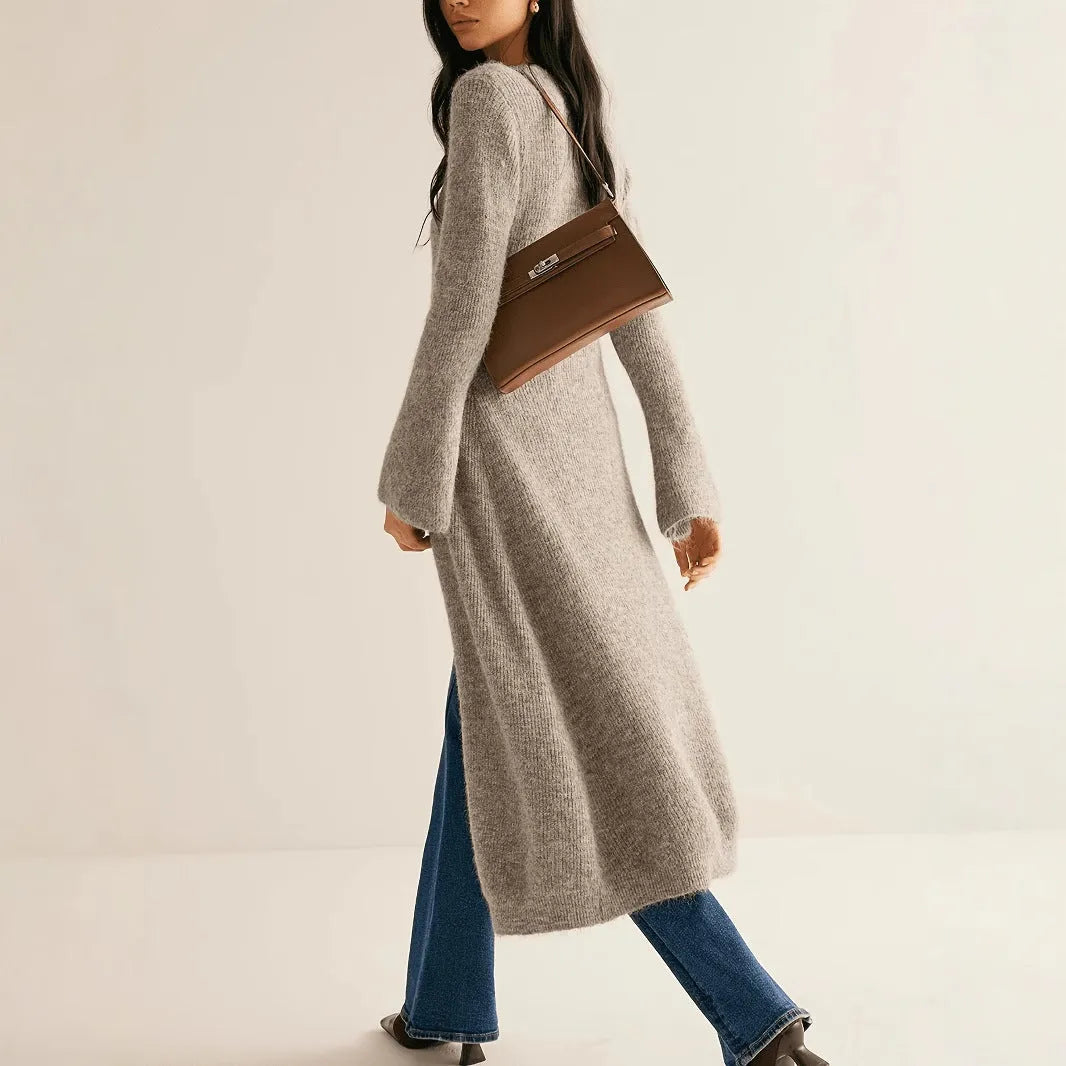 Khaki long sleeve coat cardigan with button front, shown in a retro elegant style.