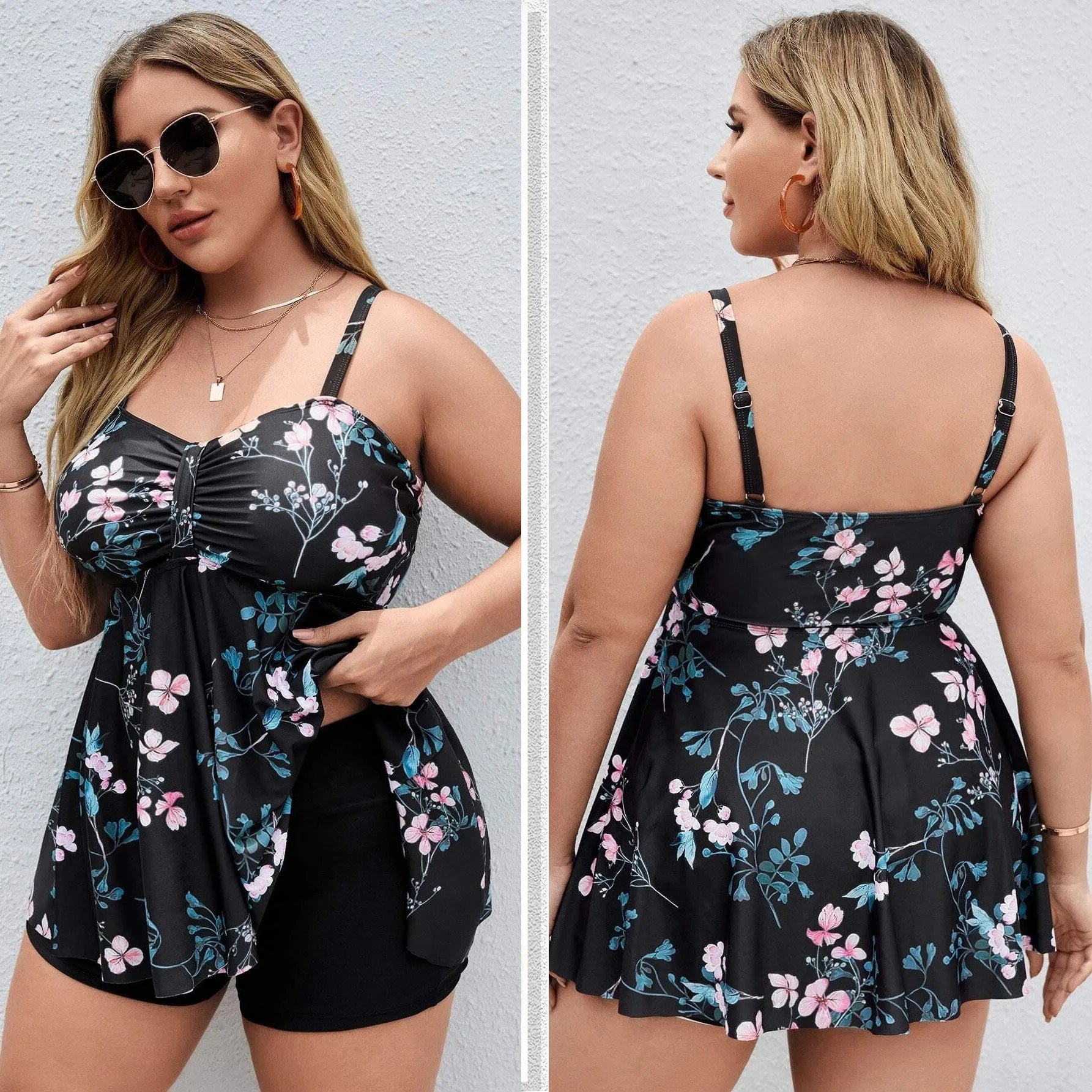 Women's floral print one-piece swimsuit with split colour design on high elasticity fabric.