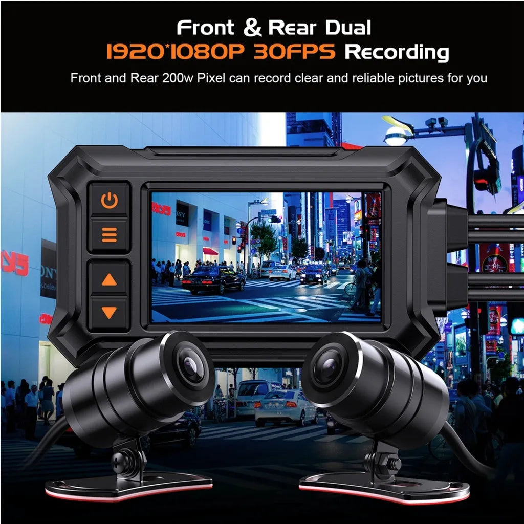 Motorcycle dashcam unit with dual lenses, 3-inch screen, GPS module, and wiring for ACC power connection.