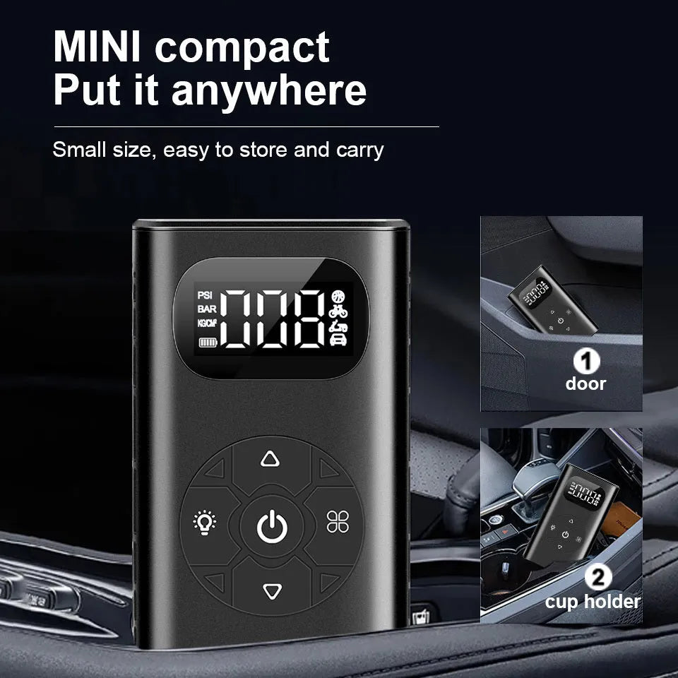 Black cuboid portable power bank tyre inflator with USB cable and extended inflation tube
