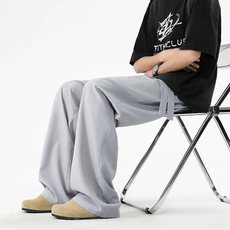 Men's quick-drying loose straight wide-leg casual trousers in black, polyester blend, drawstring waist
