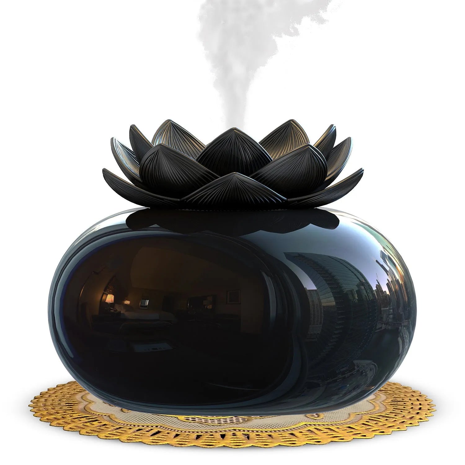 Pure black round Lotus ultrasonic aromatherapy humidifier with USB cable.