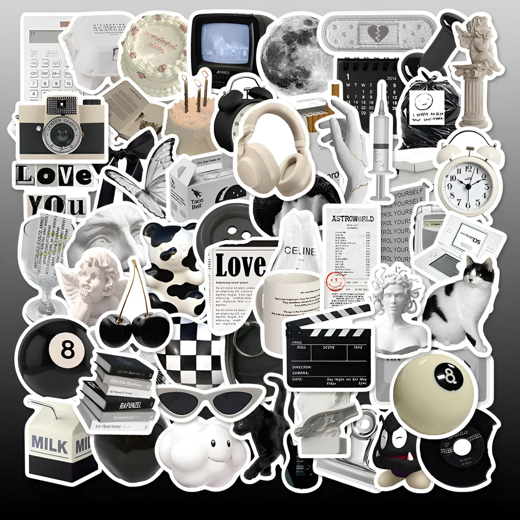 61 black and white simple style PVC vinyl stickers for laptops and phones.