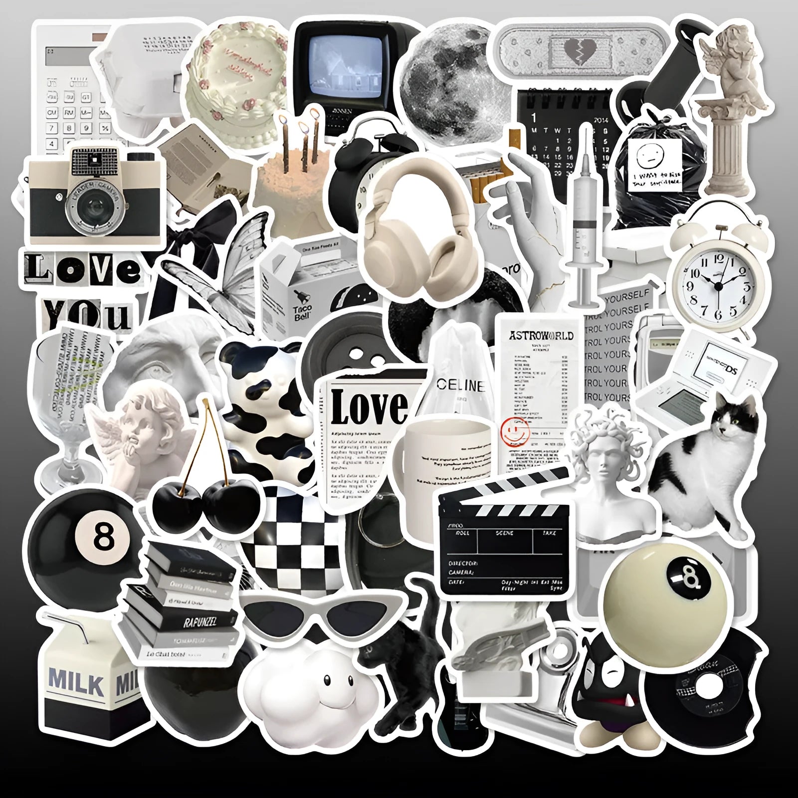 61 black and white simple style PVC vinyl stickers for laptops and phones.