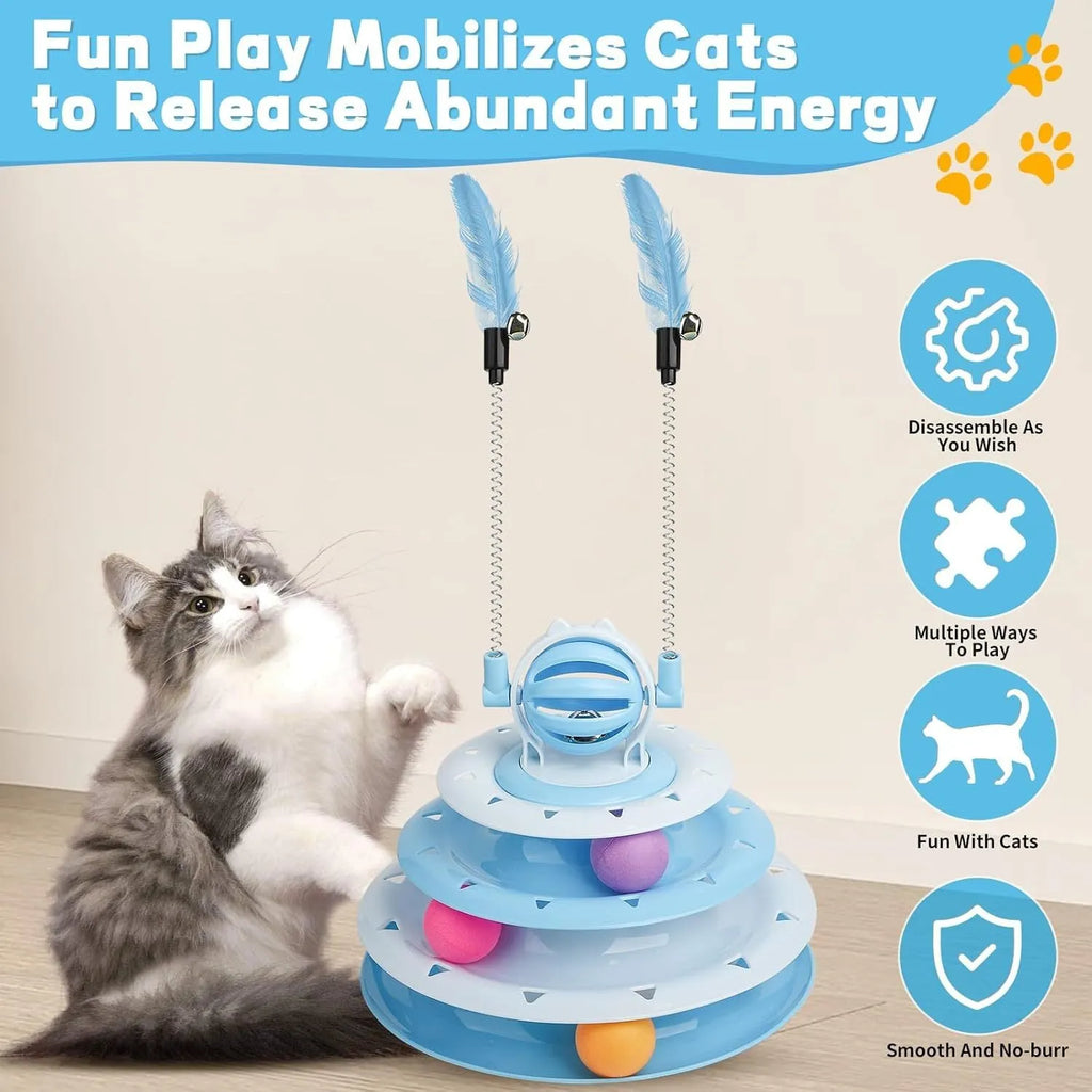Blue 4-tier interactive cat toy carousel with balls and teasing rods