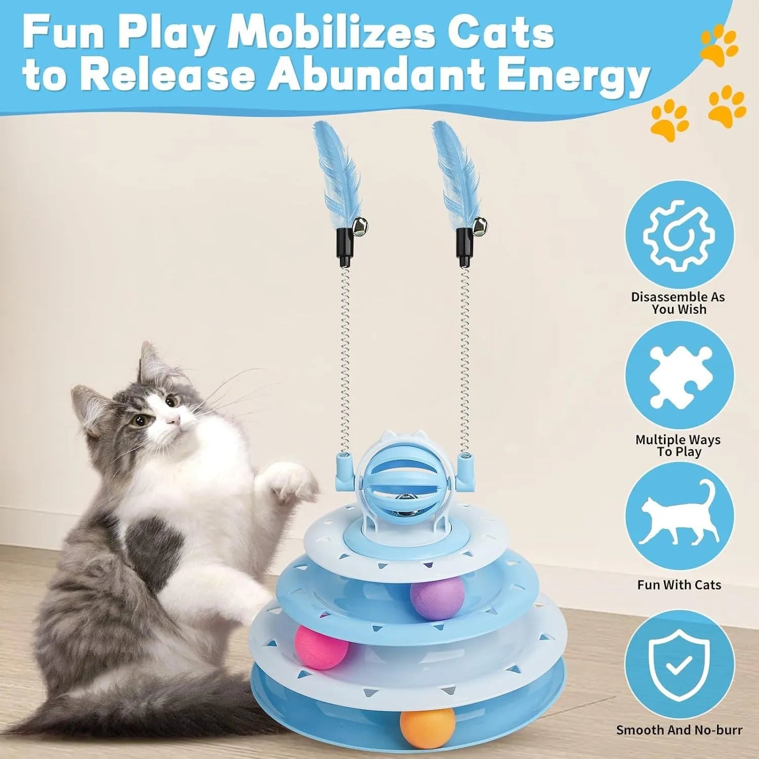 Blue 4-tier interactive cat toy carousel with balls and teasing rods
