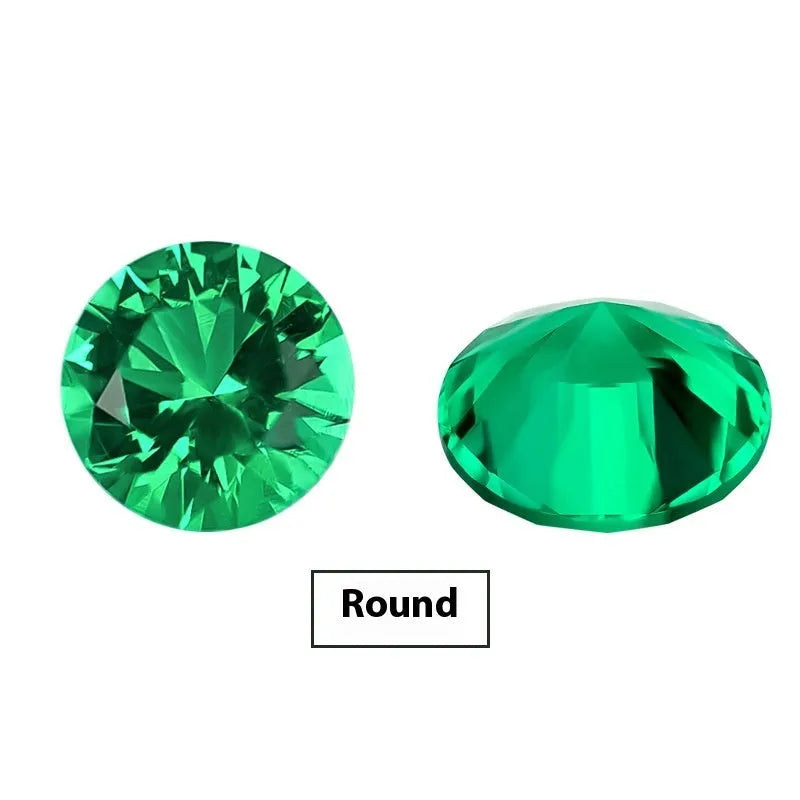 Cultivated emerald gemstones in Columbia green treasure colour showing round and princess cut sizes
