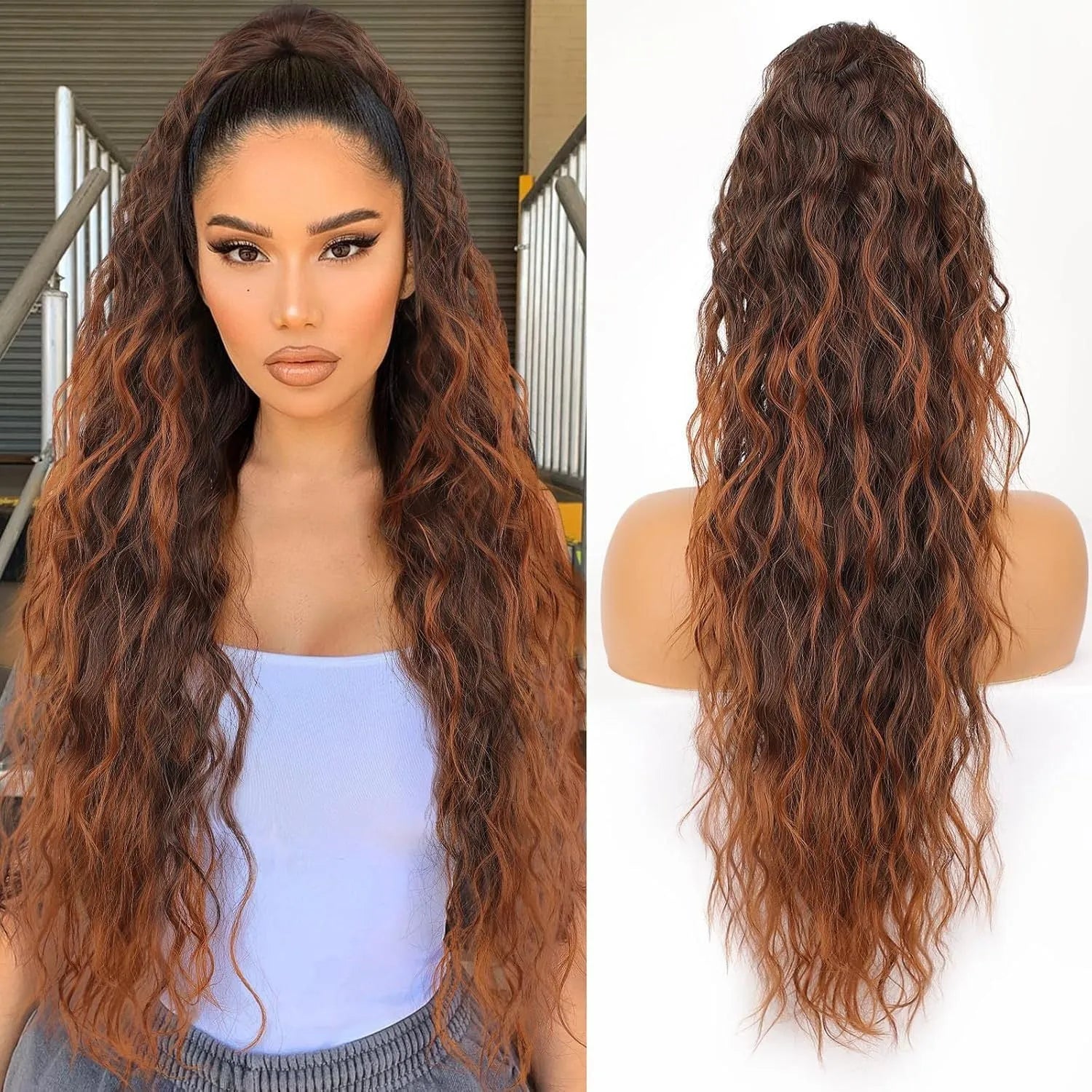 Long 30-inch curly ponytail wig in high temperature fibre for costume and cosplay.