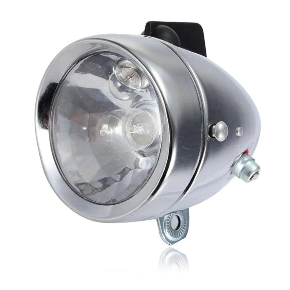 Silver bicycle dynamo-powered generator light with friction drive for front and rear lighting