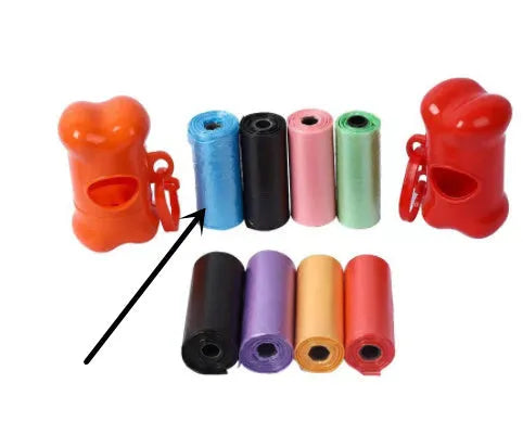 Coloured rolls of dog waste bags showing various colour options with 22.5x30cm dimensions