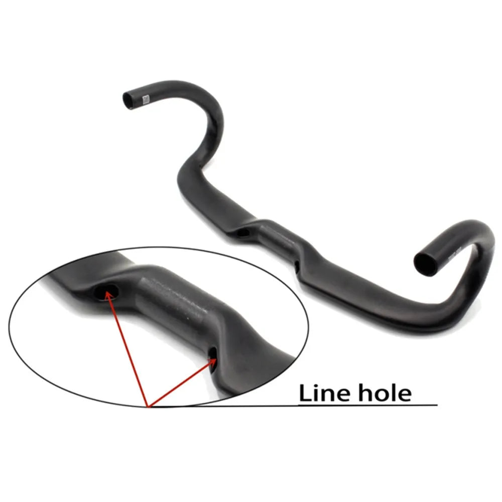 Matt black carbon fibre road bike handlebar with shallow drop, shown from a top-down angle.