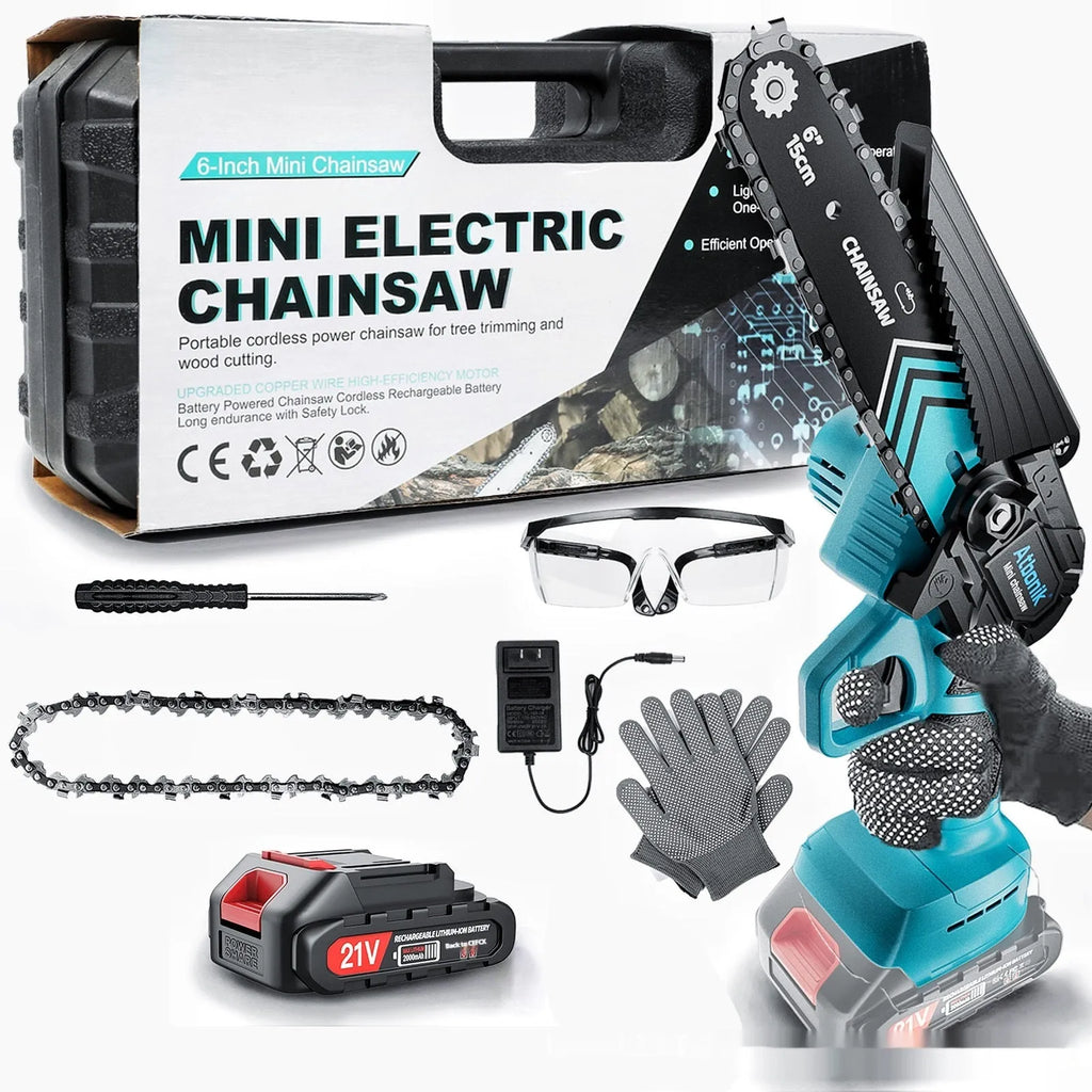 Handheld wireless mini chainsaw with 6-inch chain, two batteries, safety goggles, gloves, and storage case.