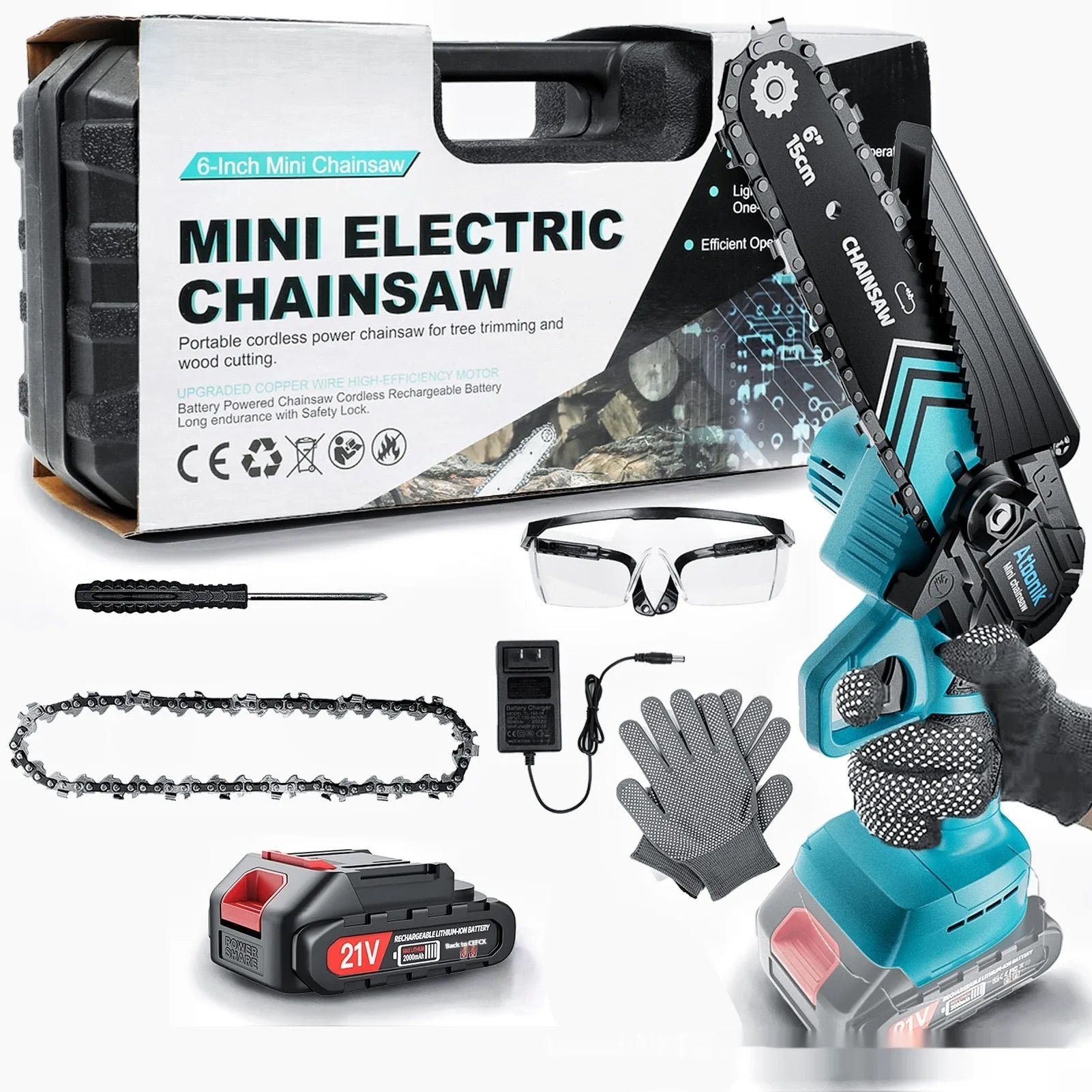 Handheld wireless mini chainsaw with 6-inch chain, two batteries, safety goggles, gloves, and storage case.