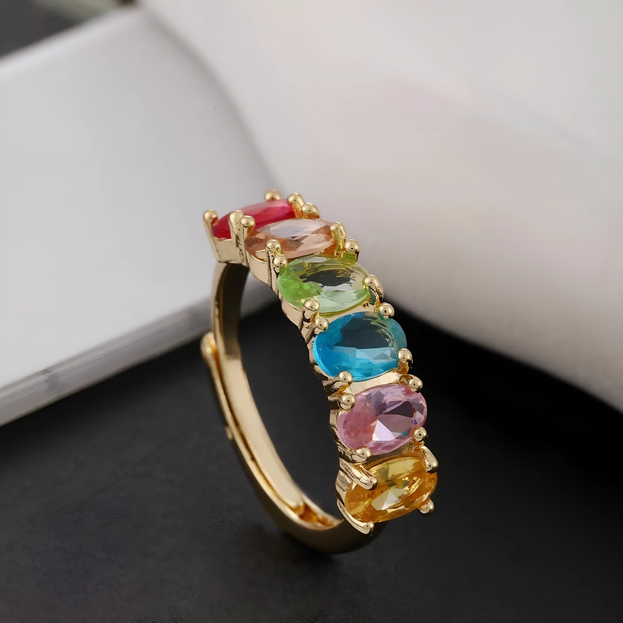 Gold colour adjustable zircon ring with electroplated copper construction and retro styling