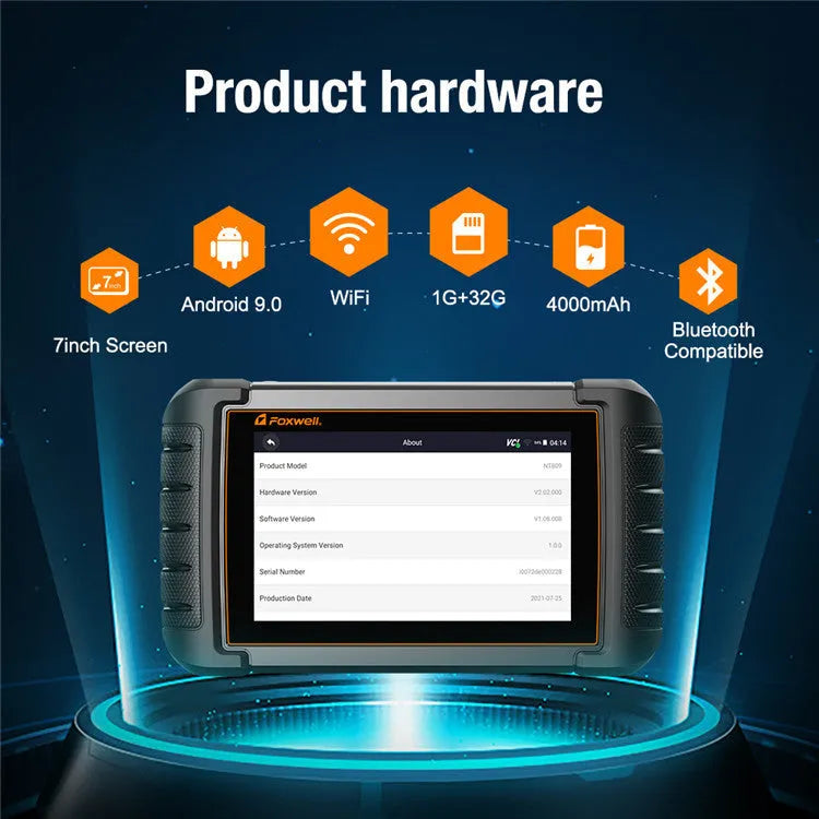 NT809 automotive diagnostic scanner main unit with OBDII adapter and accessories