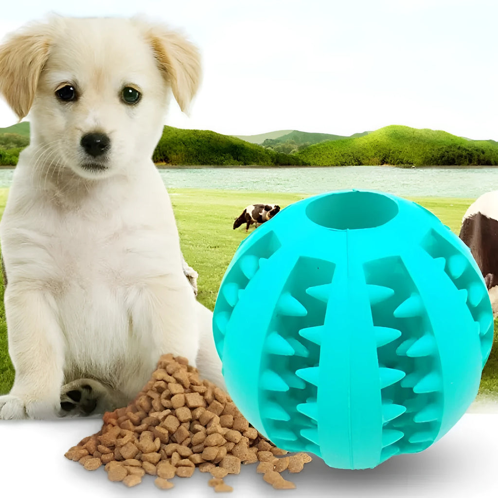 Natural silica gel slow feeder dog toy ball in blue for tooth cleaning and treat dispensing