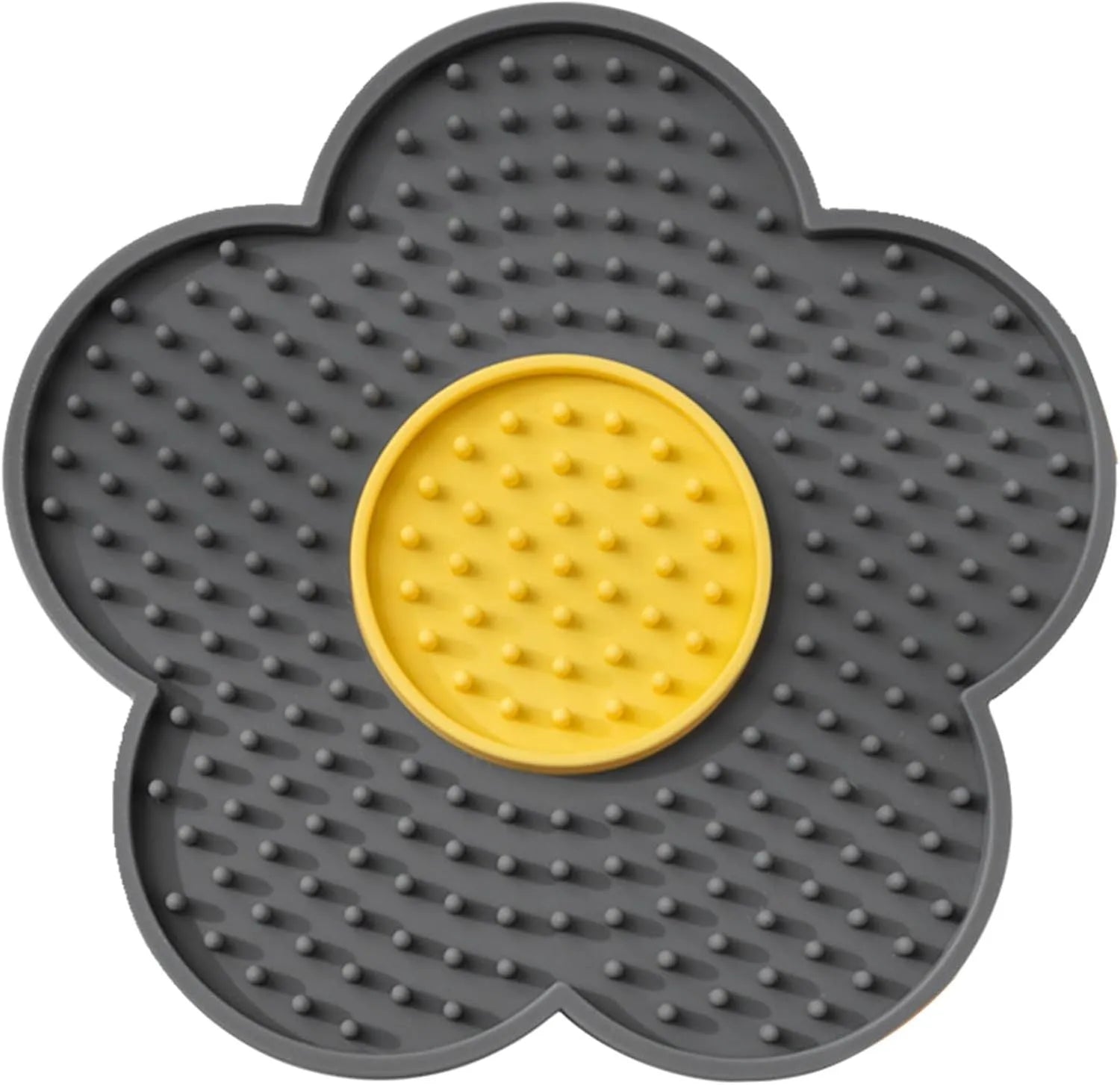 Grey flower-shaped silicone pet lick mat with suction cups for slow feeding