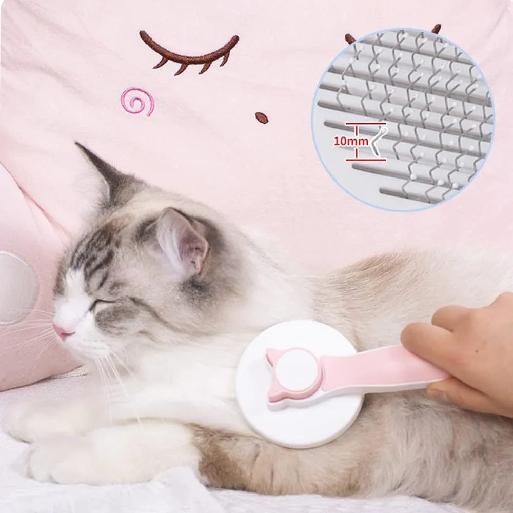 Blue self-cleaning cat grooming brush with one-click button and rubber-tipped needles