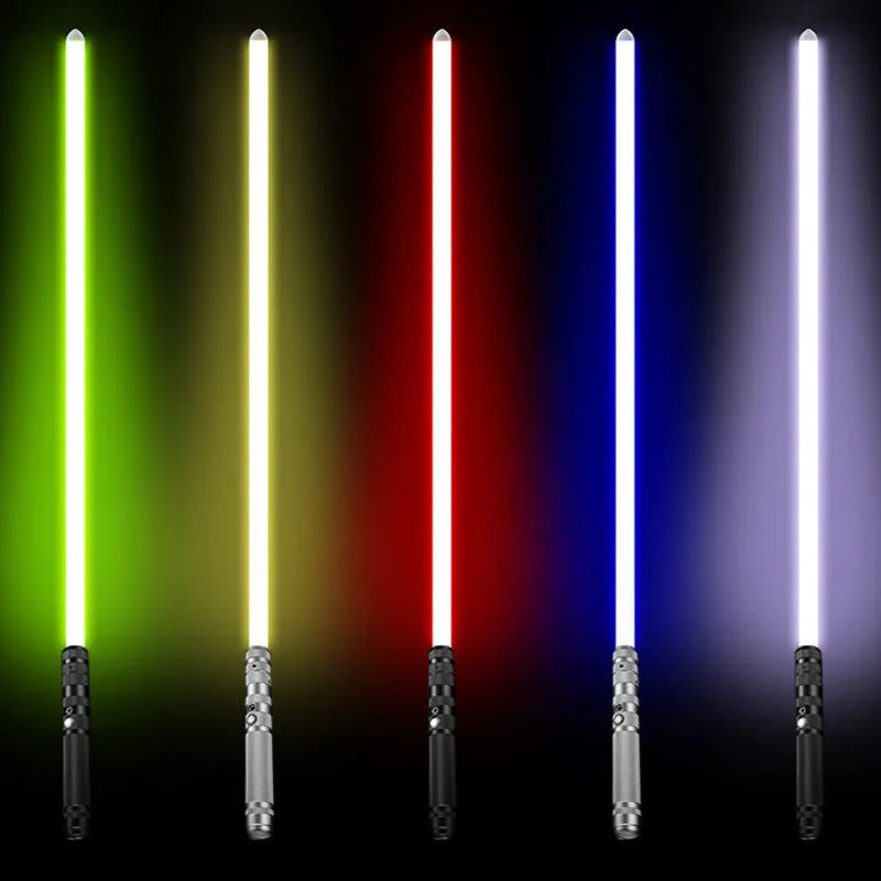 Two 2-in-1 RGB metal lightsabers connected with adapter showing ten-colour glow and metal hilt on blue background