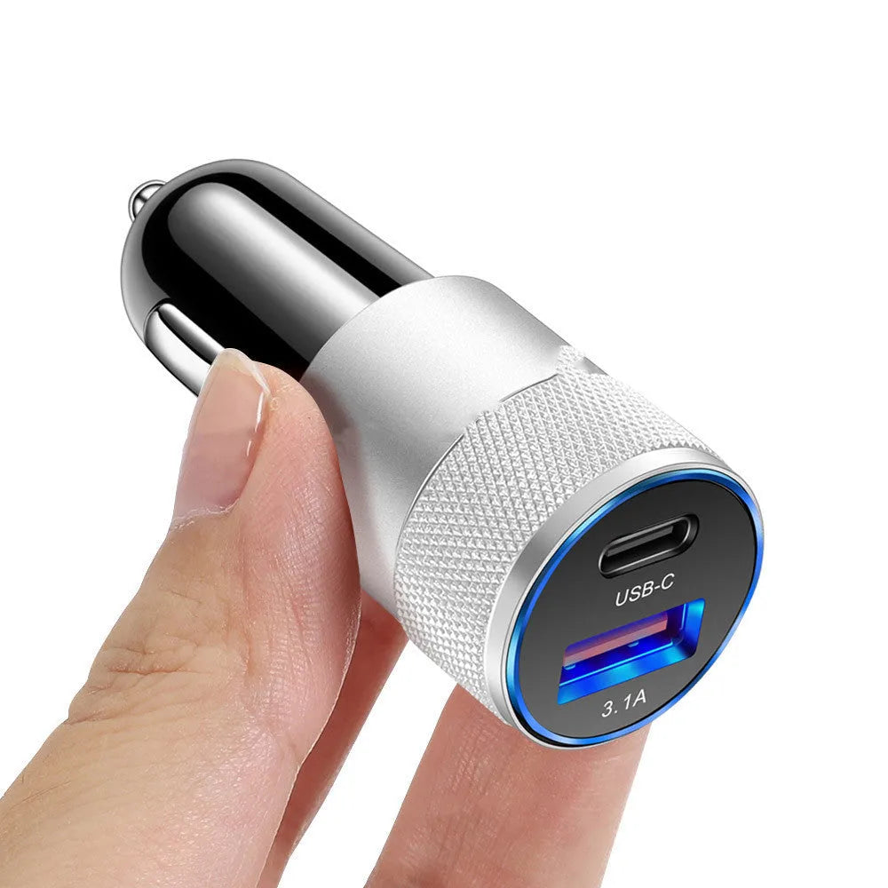 Aluminium alloy mobile phone car charger in black or black silver with compact 2.5x6cm dimensions