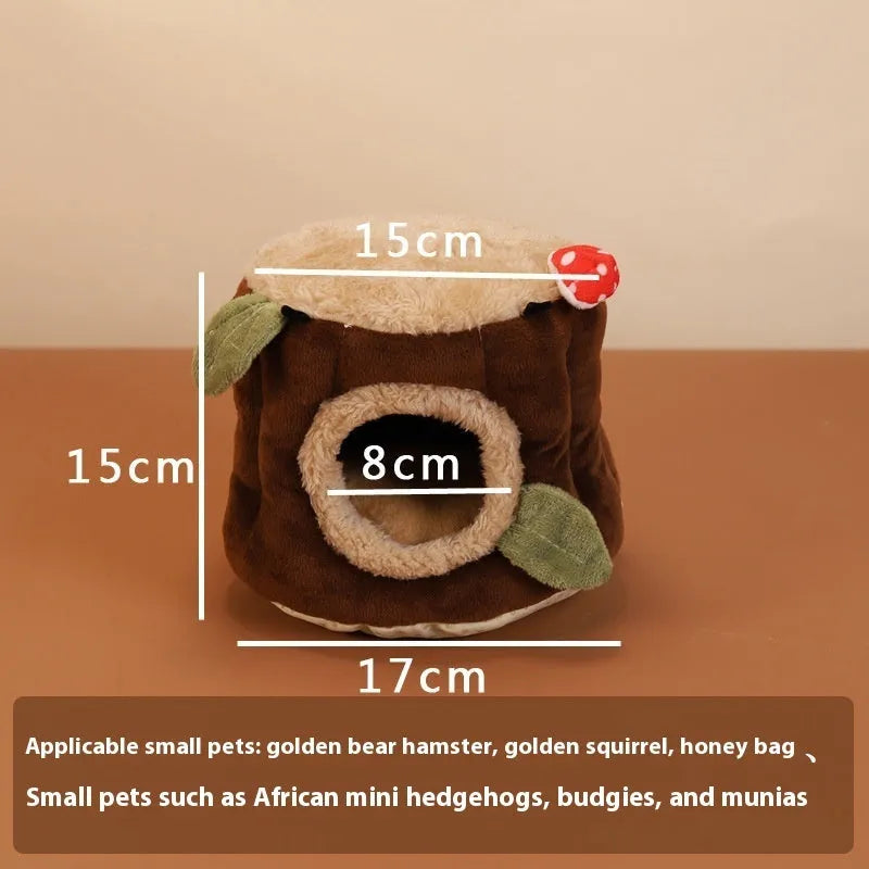 Brown cloth rabbit stump nest pet bed shown in small, medium, and large sizes.