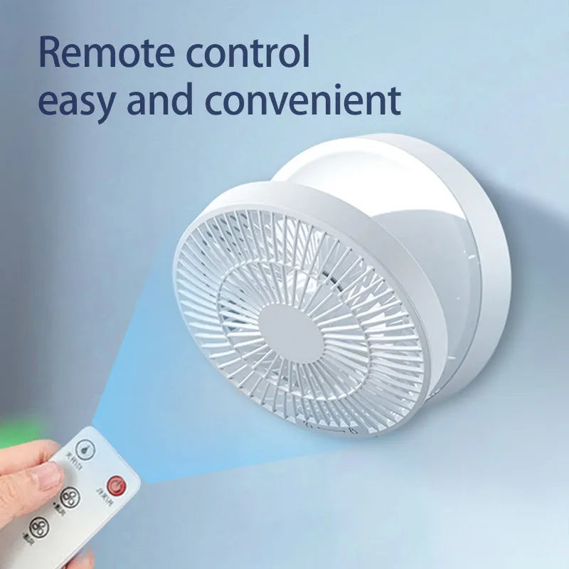 White portable folding fan with remote control, night light, and USB charging cable
