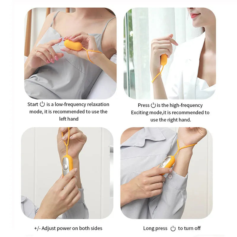 Handheld micro-current sleep aid device in grey, green, or orange colours with USB charging cable