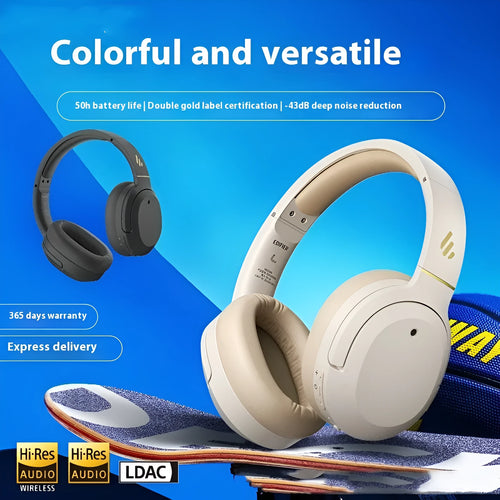 Active noise reduction Bluetooth headset in grey with head-mounted design and over-ear cups