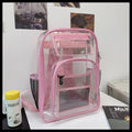 Clear transparent PVC waterproof backpack with a red inner voile bag visible inside.