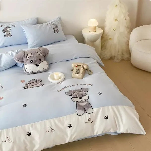 Schnauzer cartoon embroidered bedding set with quilt cover, sheet and pillowcases on bed
