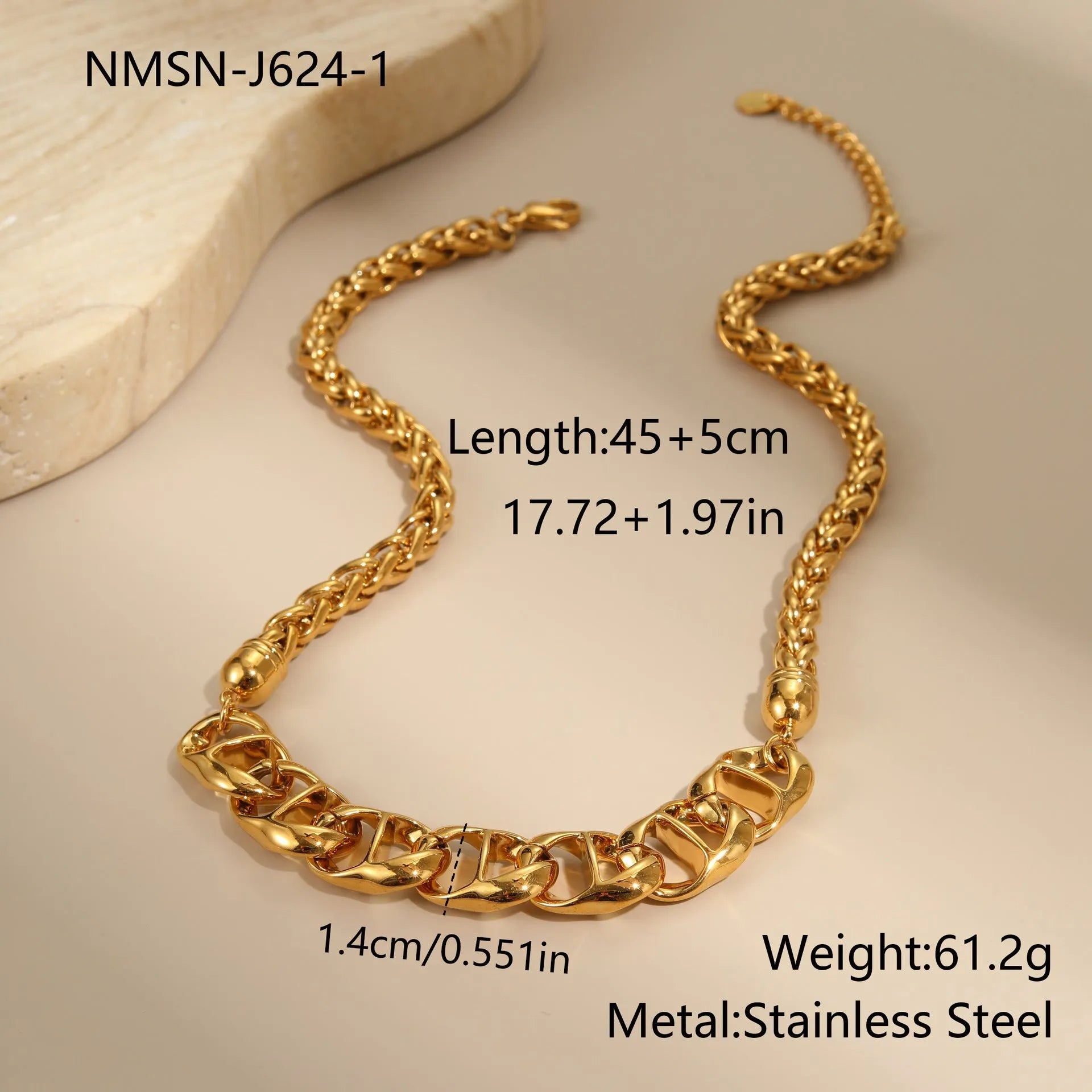 Gold and steel stainless steel geometric pendant necklace with regular chain.