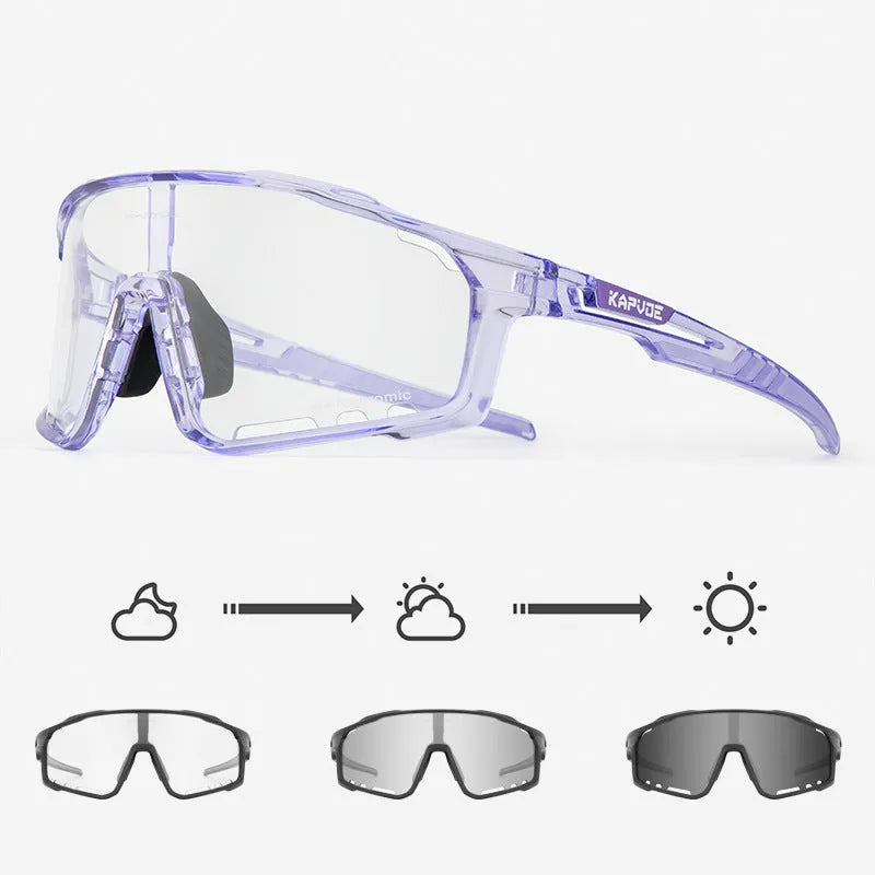 Photochromic cycling sunglasses with semi-rimless TR90 frame on a bicycle helmet.