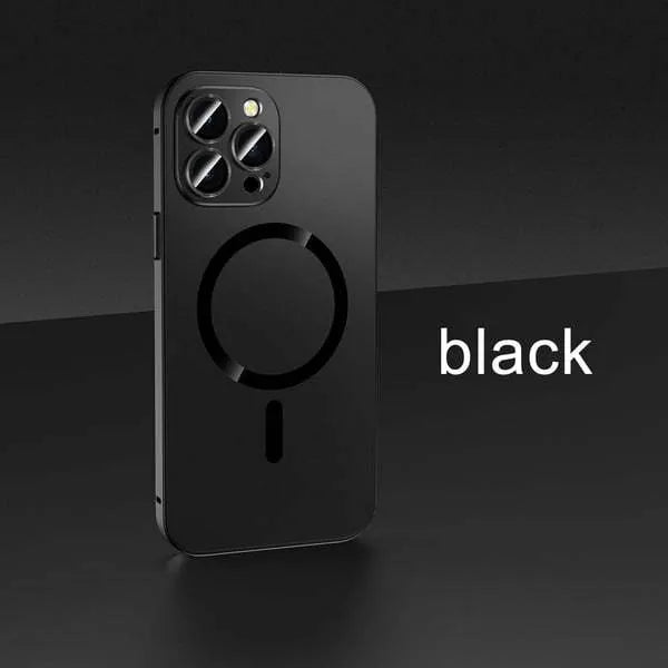 Magnetic iPhone case with aluminium alloy frame in dark purple, blue, silver, black, or gold colour.