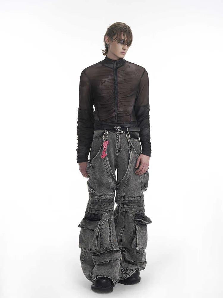 Men's black grey half turtleneck long-sleeved t-shirt with mesh zipper detail on the bottom hem.