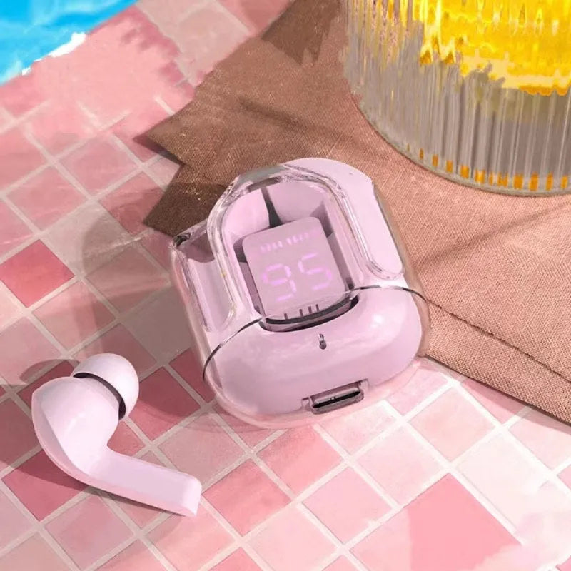 Transparent space capsule case true wireless Bluetooth earphones showing digital display screen