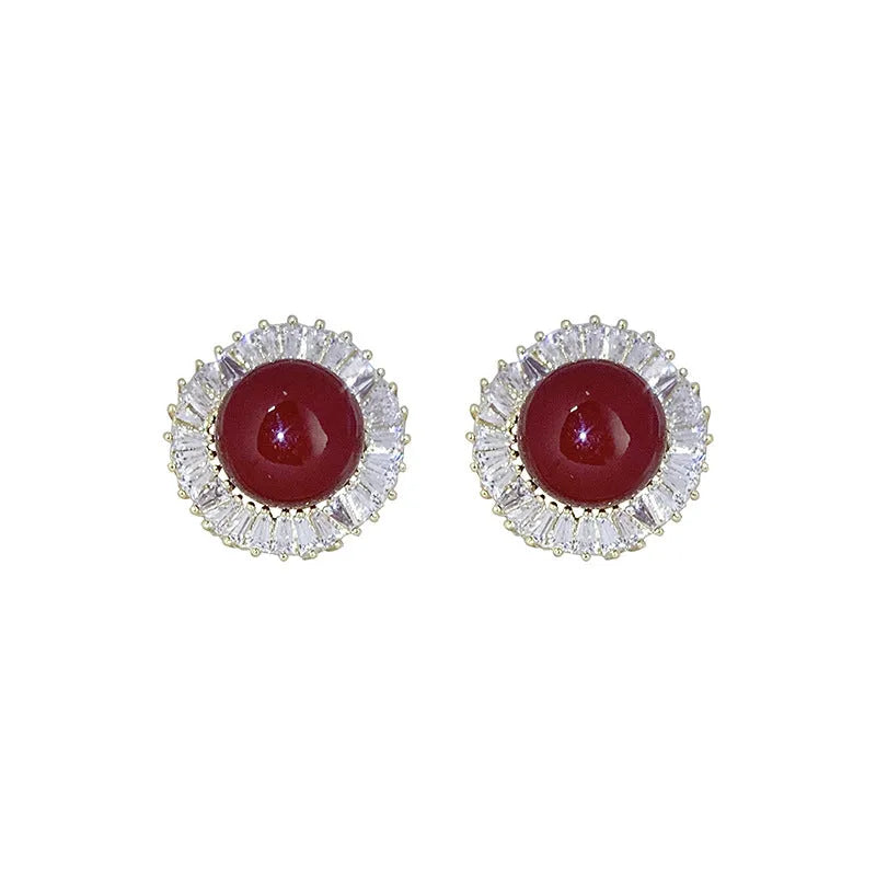 French retro pearl zircon clip-on earrings with silver tone finish and 2 cm diameter