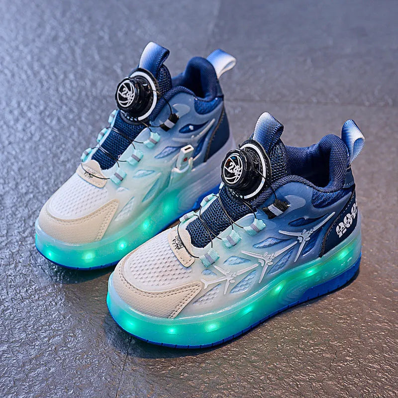 Children's striped roller skating shoes with flash knob adjustment in blue colour